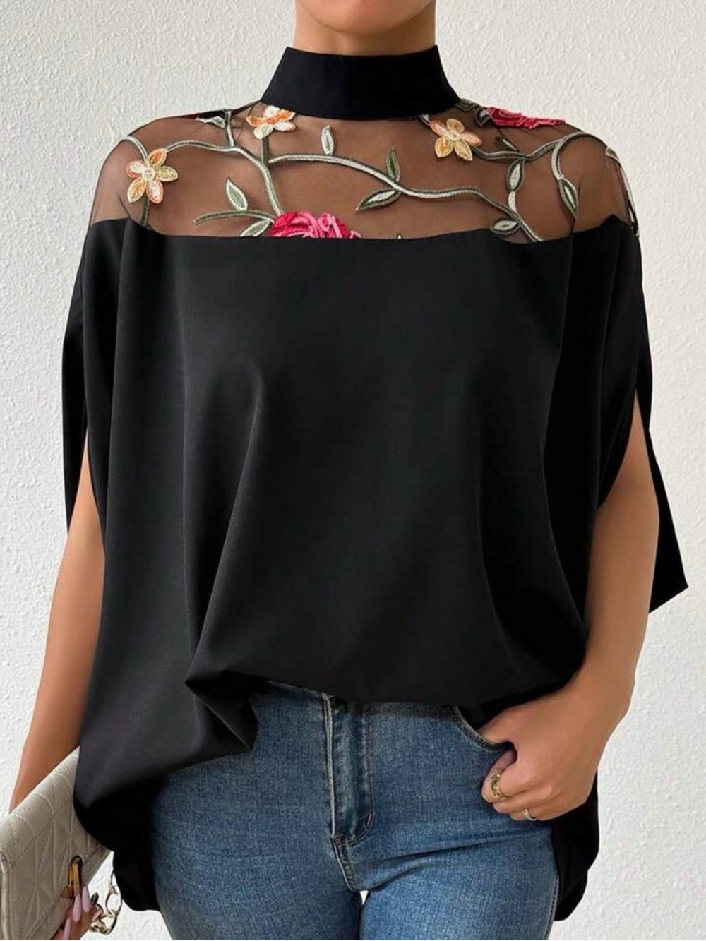 SHEIN Black Floral Mesh Yoke Mock Neck Flowy Women's Top - Size L